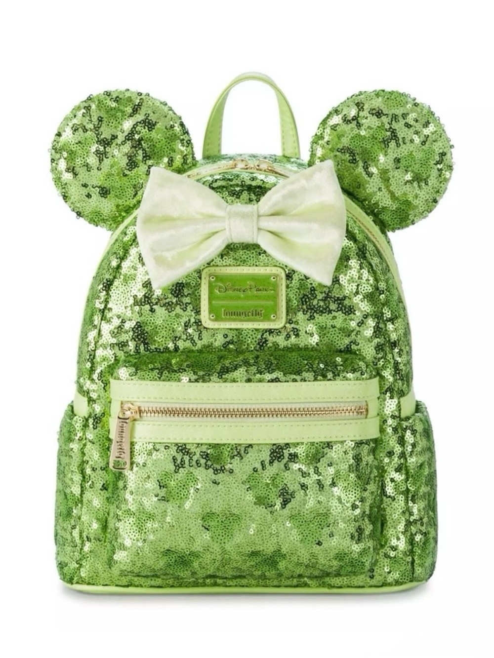 Loungefly Disney Parks Green Sequin Mouse Ear Mini Backpack with Bow